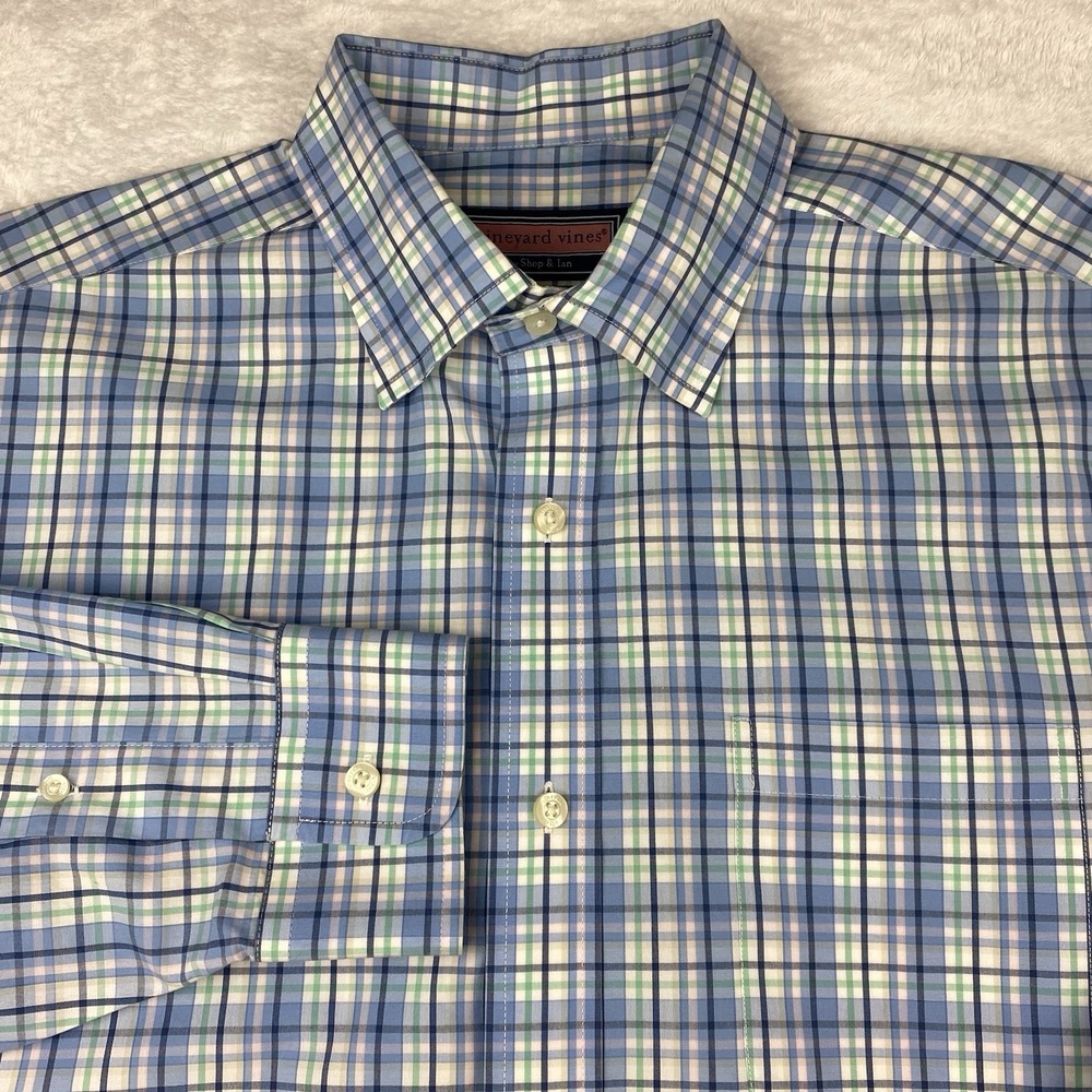 Vineyard Vines Shirt Mens Large Blue/Green/Pink Plaid Long Sleeves